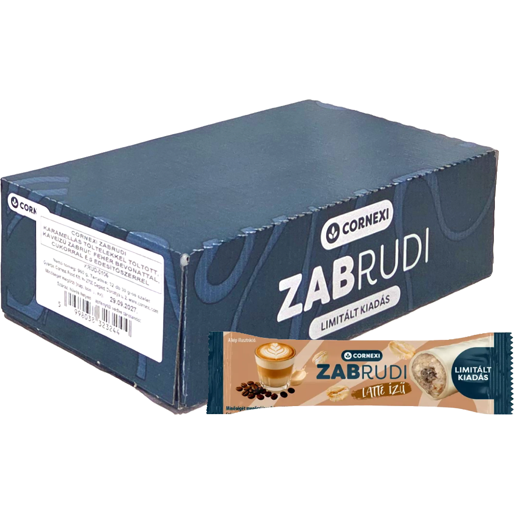 Cornexi Zabrudi Latte, karamellás töltelékkel töltött kávéízű zabrúd, fehérbev. 30g