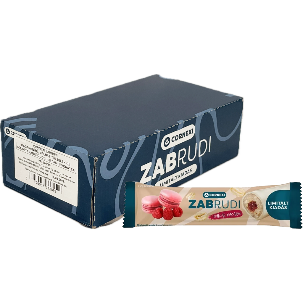 Cornexi Zabrudi Macaron ízű, málnás töltelékkel töltött zabrúd jogurtos tejbevonattal 30g
