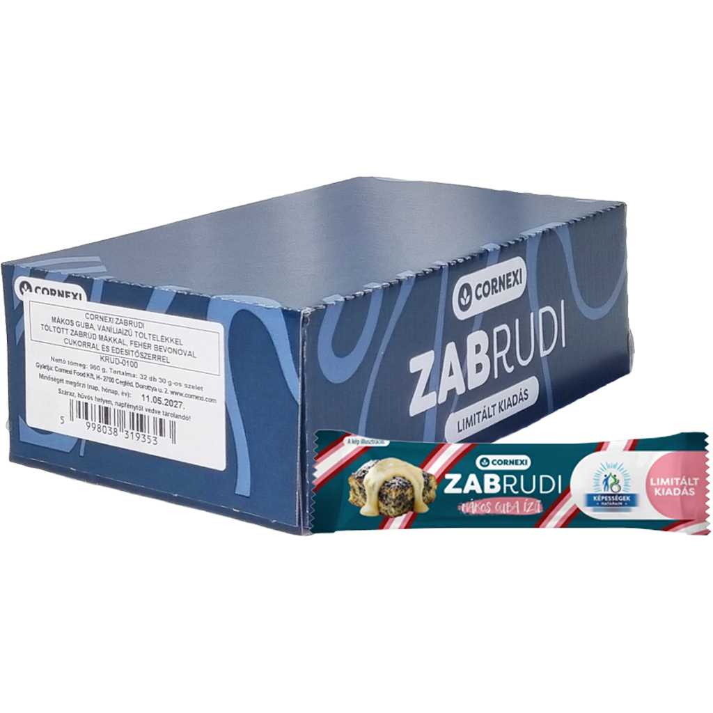 Cornexi Zabrudi Mákos guba Vaníliaízű töltelékkel töltött zabrúd mákkal, fehér bevonattal, cukorral és édesítőszerrel 30g Cornexi Zabrudi Mákos guba Vaníliaízű töltelékkel töltött zabrúd mákkal, fehér bevonattal, cukorral és édesítőszerrel 30g