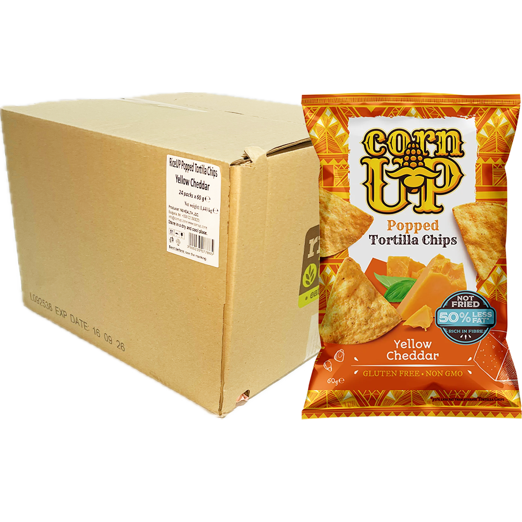 Rice Up! CornUP! Tortilla Chips, Cheddarsajt ízesítéssel, 60g Rice Up! CornUP! Tortilla Chips, Cheddarsajt ízesítéssel, 60g