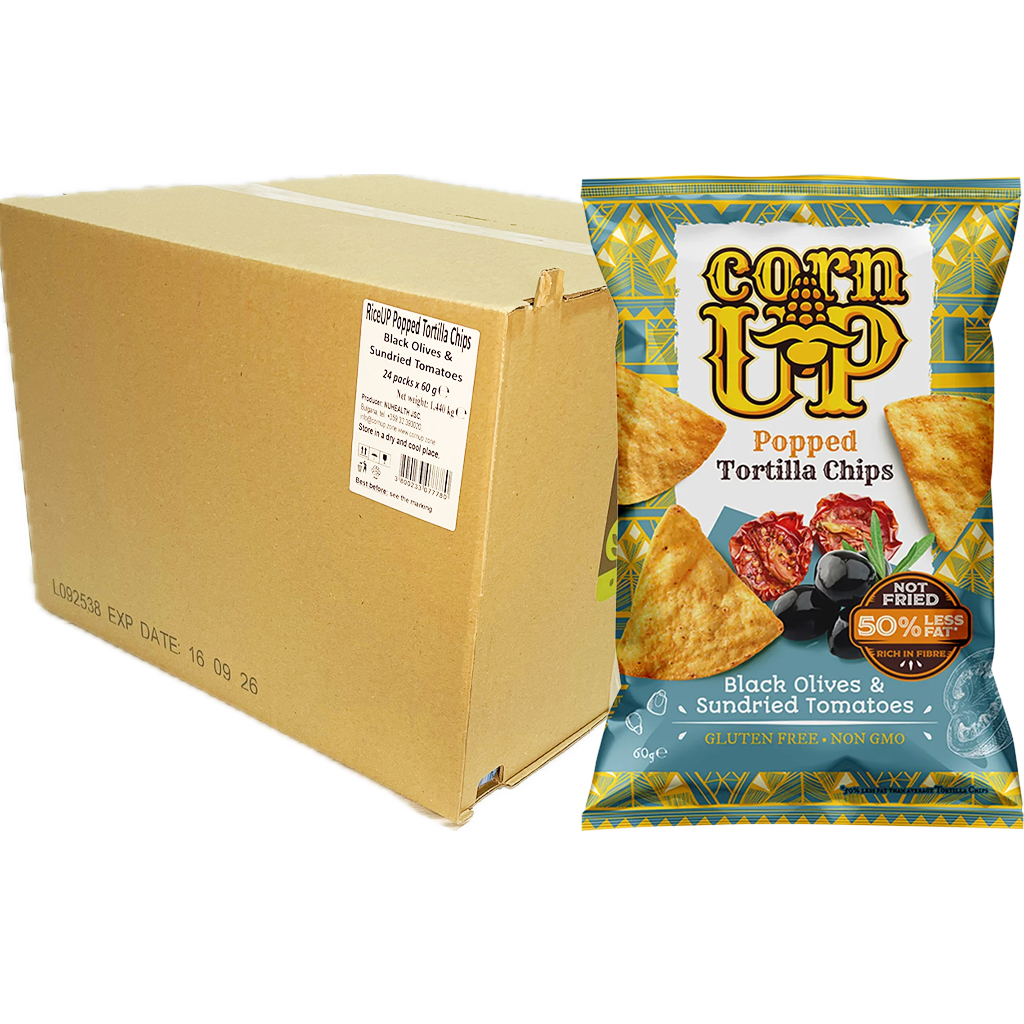 Rice Up! CornUP! Tortilla Chips, Fekete Olívabogyó és Napon szárított paradicsom ízesítéssel, 60 g Rice Up! CornUP! Tortilla Chips, Fekete Olívabogyó és Napon szárított paradicsom ízesítéssel, 60 g