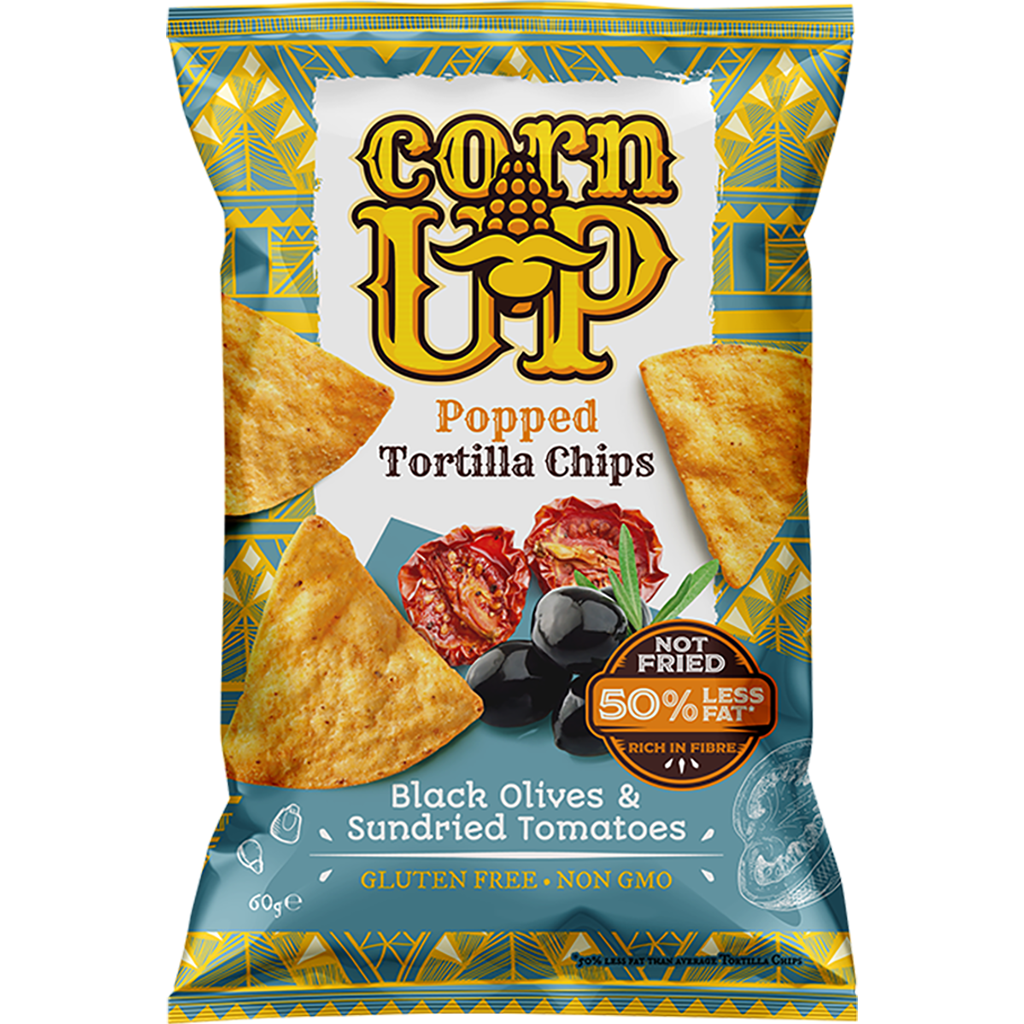 Rice Up! CornUP! Tortilla Chips, Fekete Olívabogyó és Napon szárított paradicsom ízesítéssel, 60 g