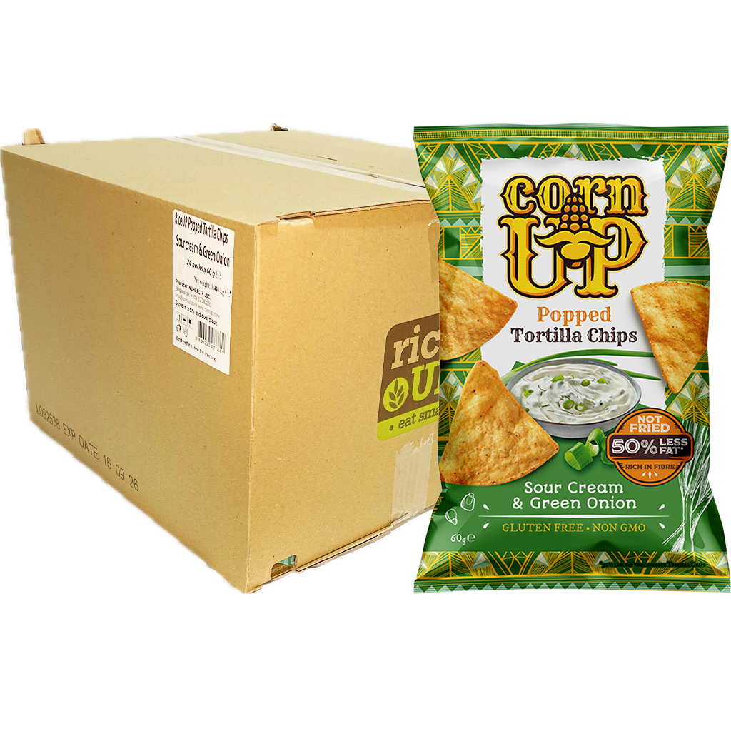 Rice Up! CornUP! Tortilla Chips, Hagymás-Tejfölös ízesítéssel, 60g Rice Up! CornUP! Tortilla Chips, Hagymás-Tejfölös ízesítéssel, 60g