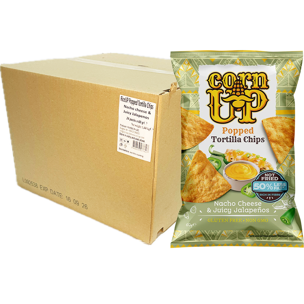 Rice Up! CornUP! Tortilla Chips, Nacho Sajt és Friss Jalapeno ízesítéssel, 60g Rice Up! CornUP! Tortilla Chips, Nacho Sajt és Friss Jalapeno ízesítéssel, 60g