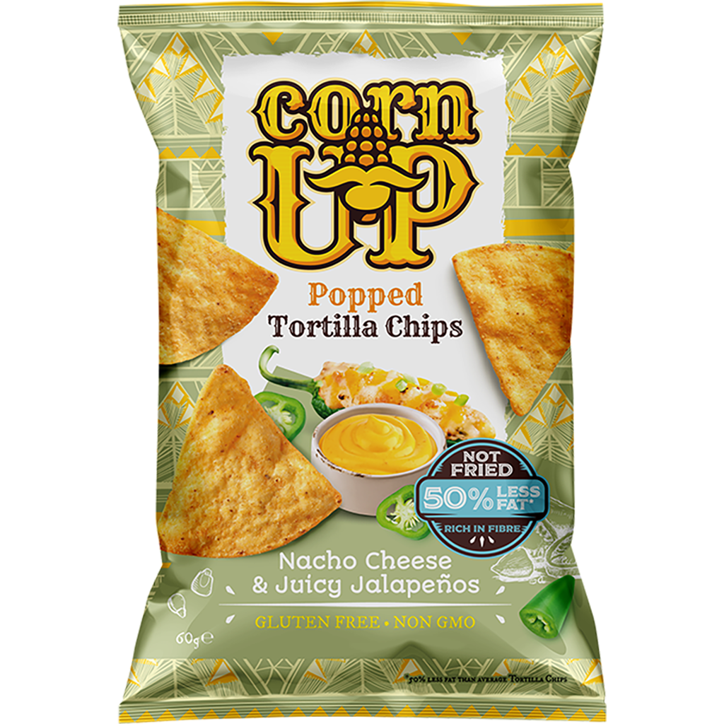 Rice Up! CornUP! Tortilla Chips, Nacho Sajt és Friss Jalapeno ízesítéssel, 60g